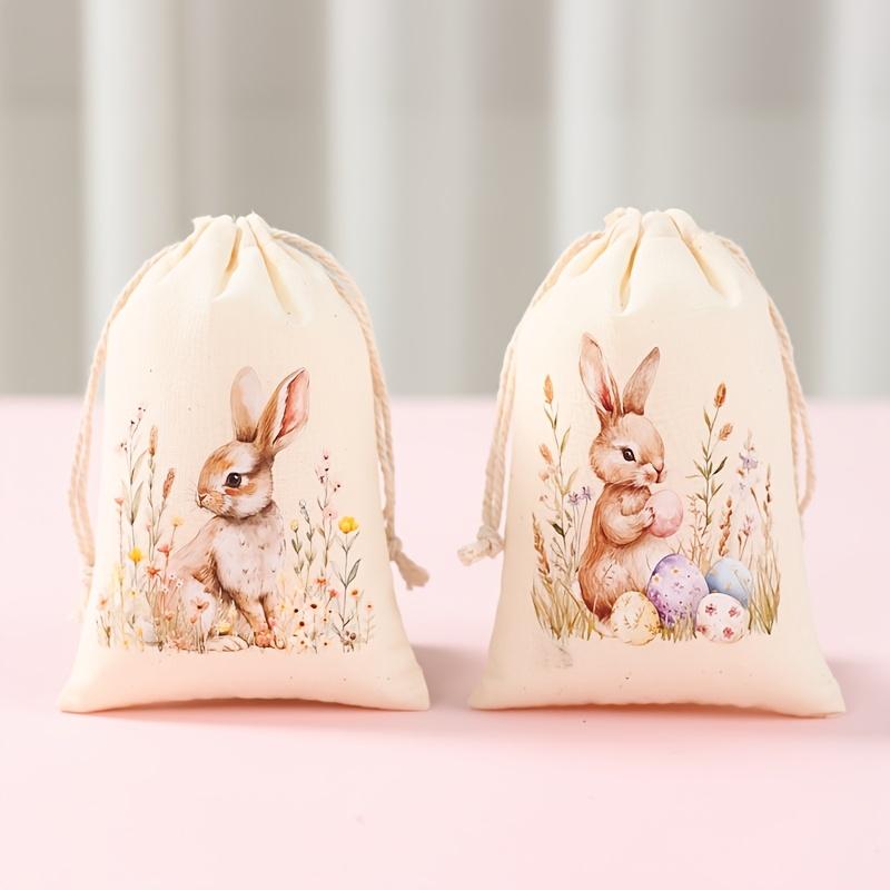 6pcs Drawstring Gift Bags, Cute Rabbit Bunny & Flowers Drawstring Candy Gift Bags Sack Bag, for Holiday Presents, Spring Indoor
