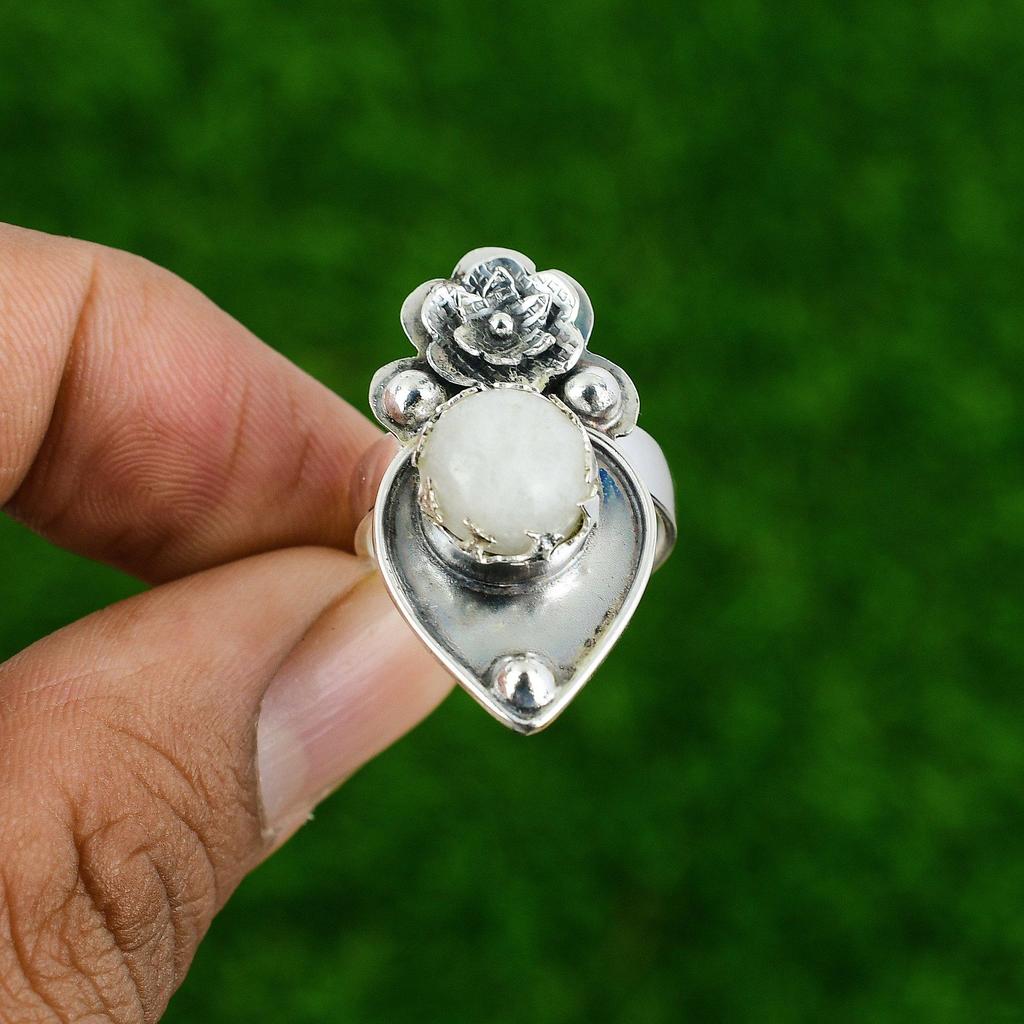 Natural Rainbow Moonstone Stackable Flower Adjustable Ring 925 Silver For Girls