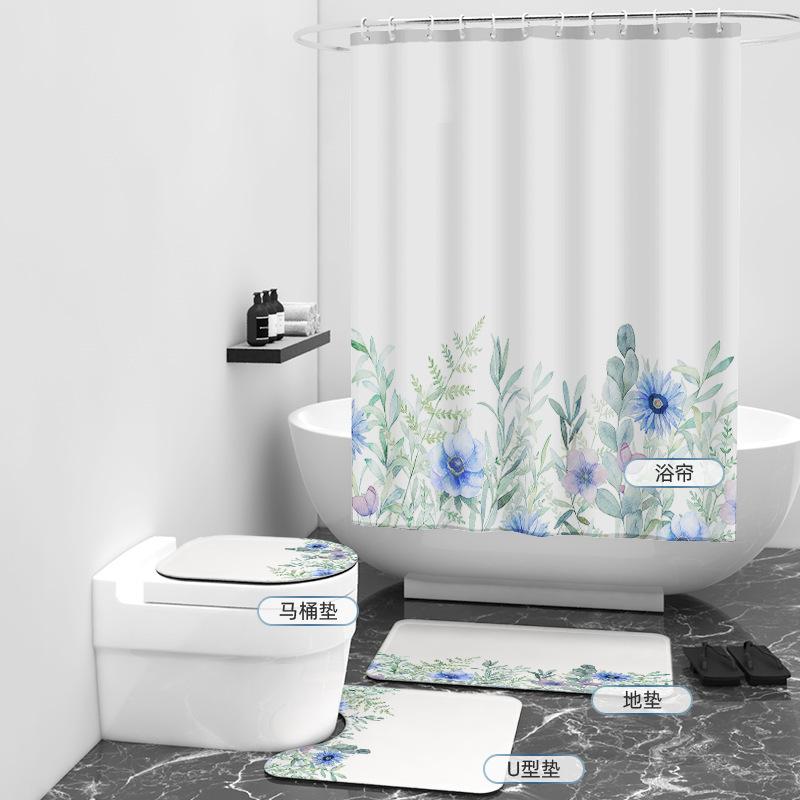 Fresh Twig Digital Printing Shower Curtain Shower Curtain Three-Piece Set Bathroom Curtain