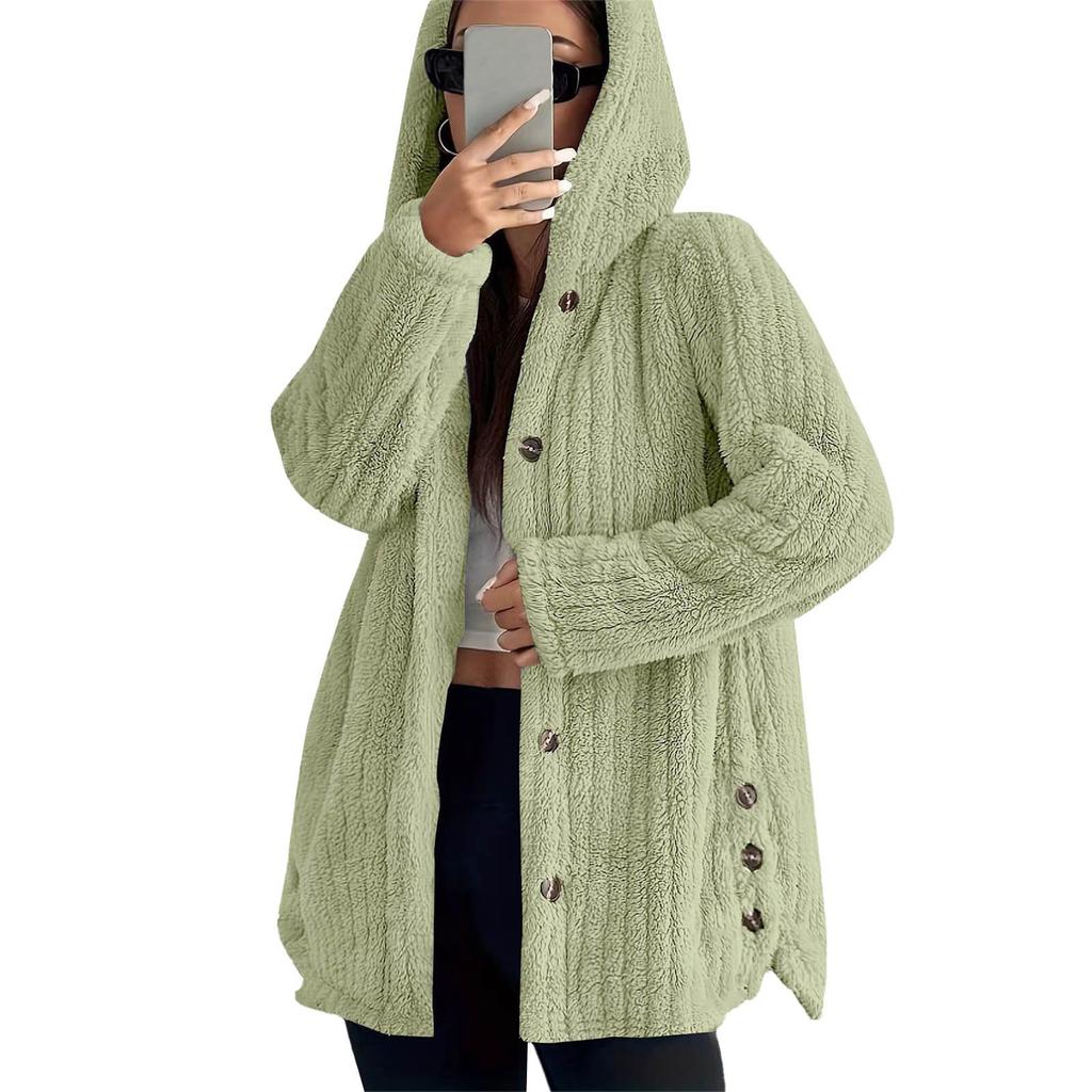 Women's Fashionable Coat Solid Color Long Sleeved Hooded Button Plush Warm Jacket