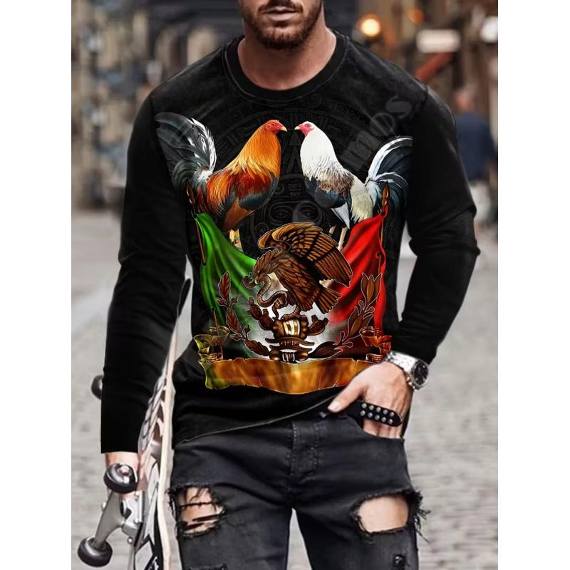 New Long Sleeve T-Shirt Round Neck Pullover Ethnic Style Casual 3D Print Men's