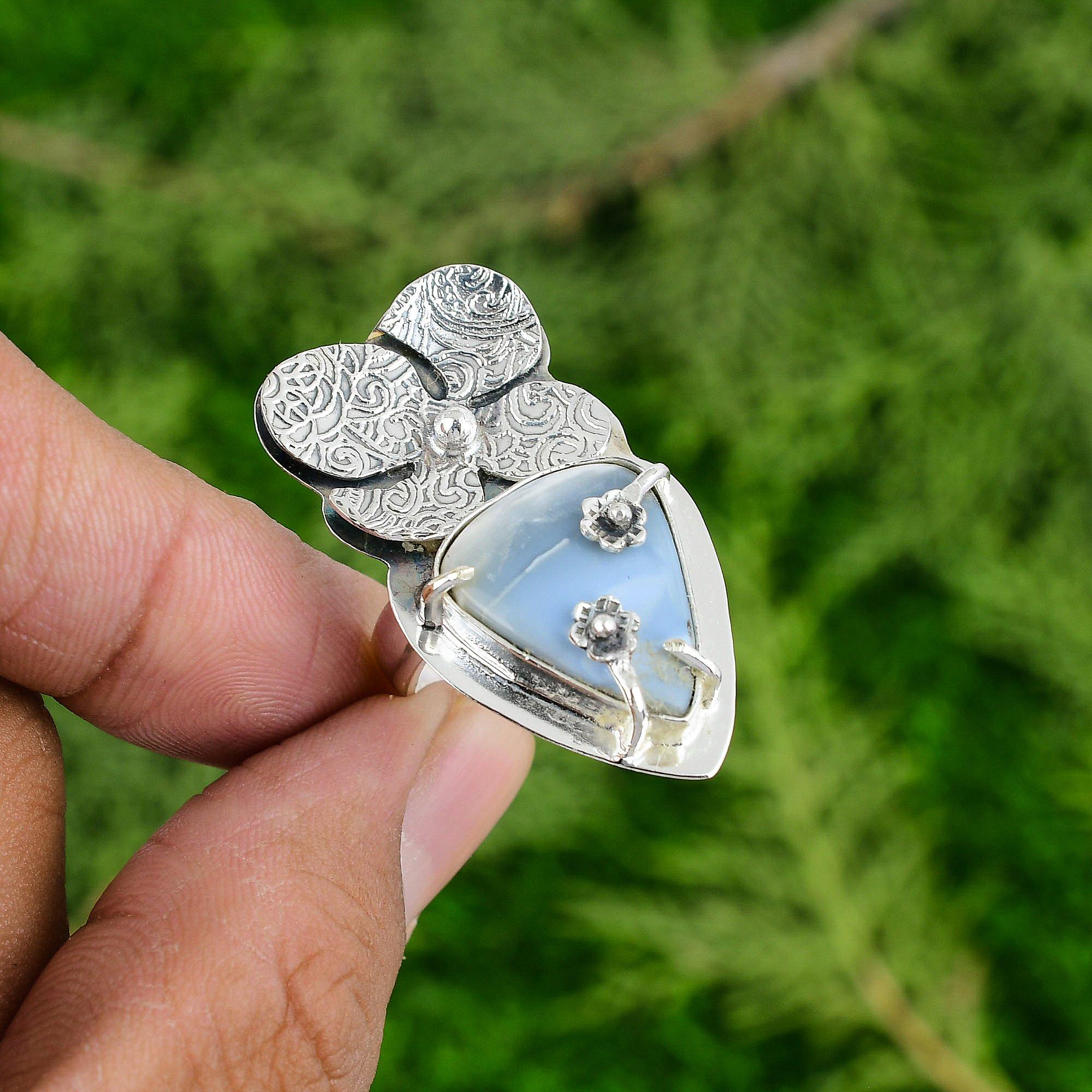 

Sterling Silver Owyhee Blue Opal Gemstone Bezel Stackable Art Deco Flower Ring Adjustable