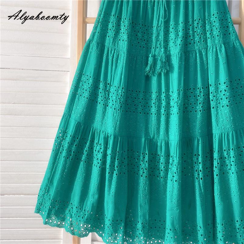 Spring Summer Women Sweet Skirt High Waist Purple Green Drawstring Tassel Skirts Hollow Out Elegant Ladies' Chic Skirts