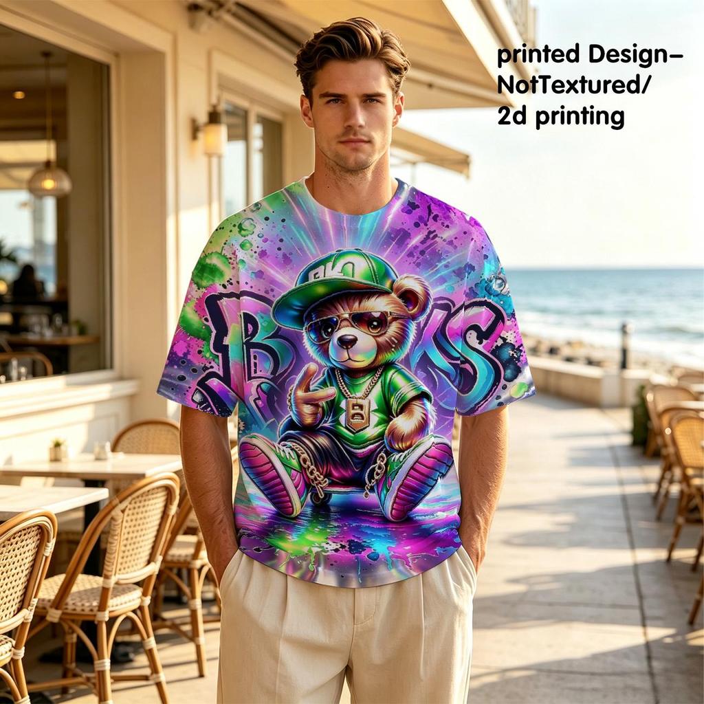 Men’s Full‑Print Hip‑Hop Teddy Bear Crew Neck T‑Shirt, Colorful Graffiti Splash Art Street Style Casual Short Sleeve Tee