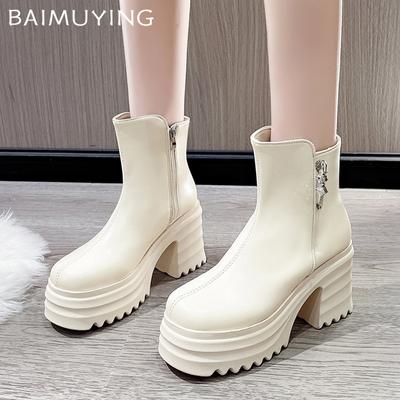 Platform Women Ankle Boots Crystal Leather High Heels Fad Shoes Designer Motorcycle Boots 2025 Trend Chunky Pumps Botas Mujer