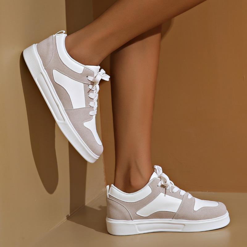 Fashion Women's Casual Sports Shoes Autumn New Round Head Front Lacing Splicing Anti-slip Wear-resistant Flat Shoes