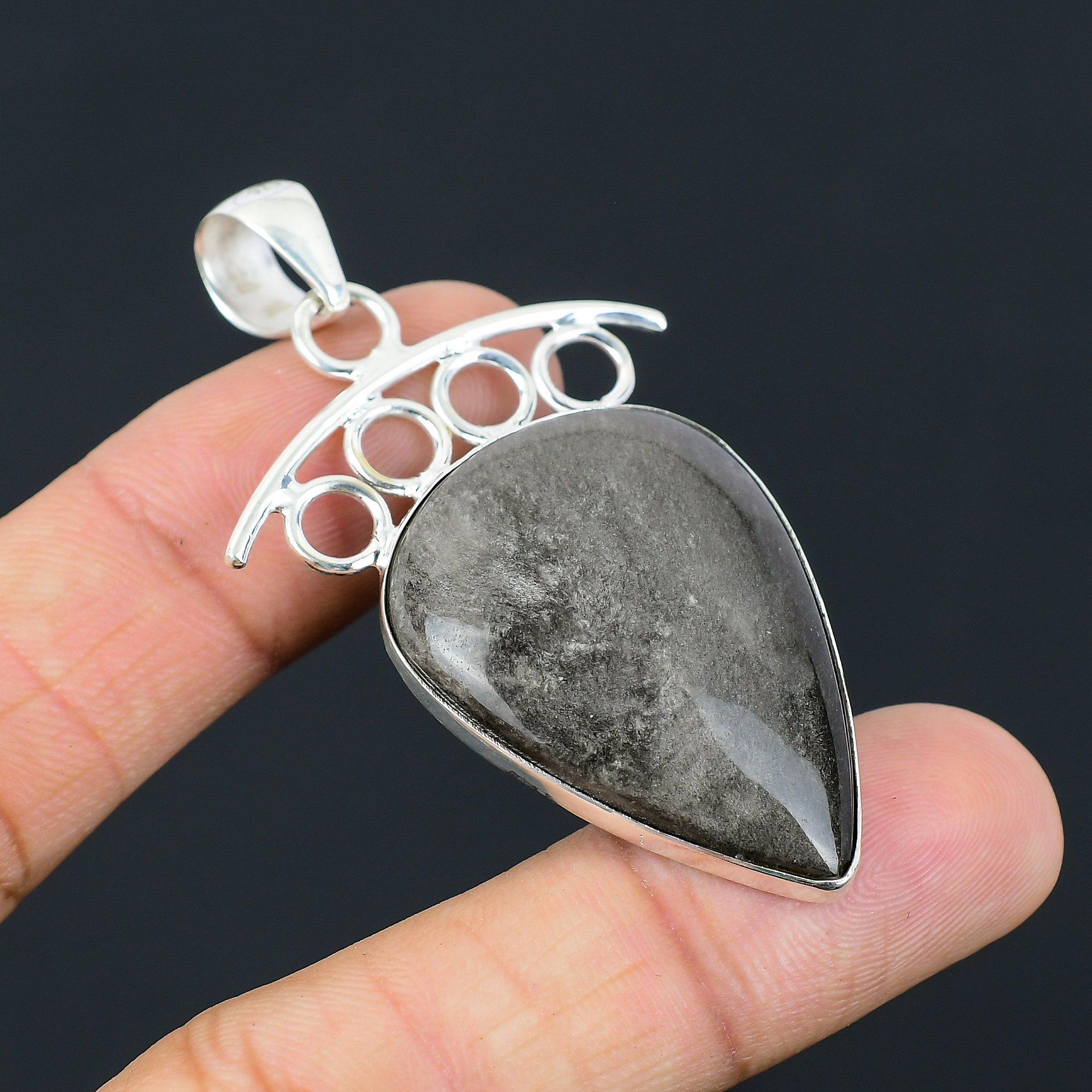 Pear Silver Sheen Obsidian Stone Sterling Silver Wife Ethnic Elegant New Pendant