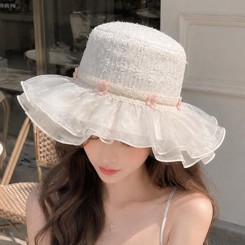 French bright silk flower webbing mesh gauze hat women's spring and summer seaside vacation sunshade sunscreen sun hat empty breathable hat