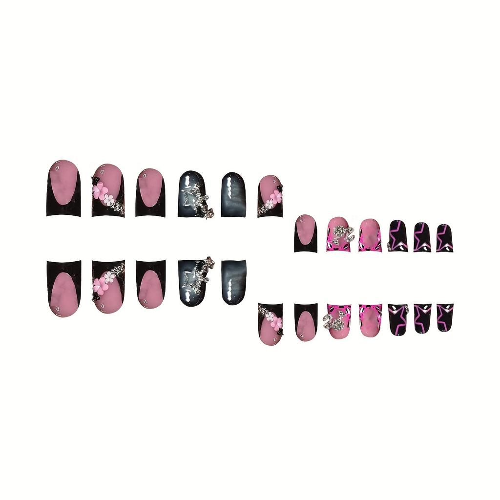 24Pcs Y2K Punk Short Duck Shaped Press On Nails Rose Pink Black French Tips With Diamond Star Flower Decor Fake Nails