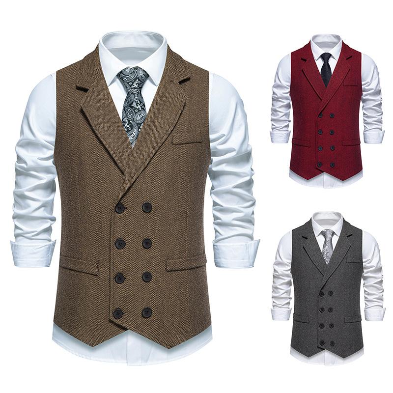 Autumn Men's Herringbone Stitched Satin Inner Vest Business Casual Formal Suit Fake Pocket Vest Double Breasted Suit Vest