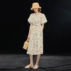 French Holiday Print Waist-Cinching Short Sleeve Dress