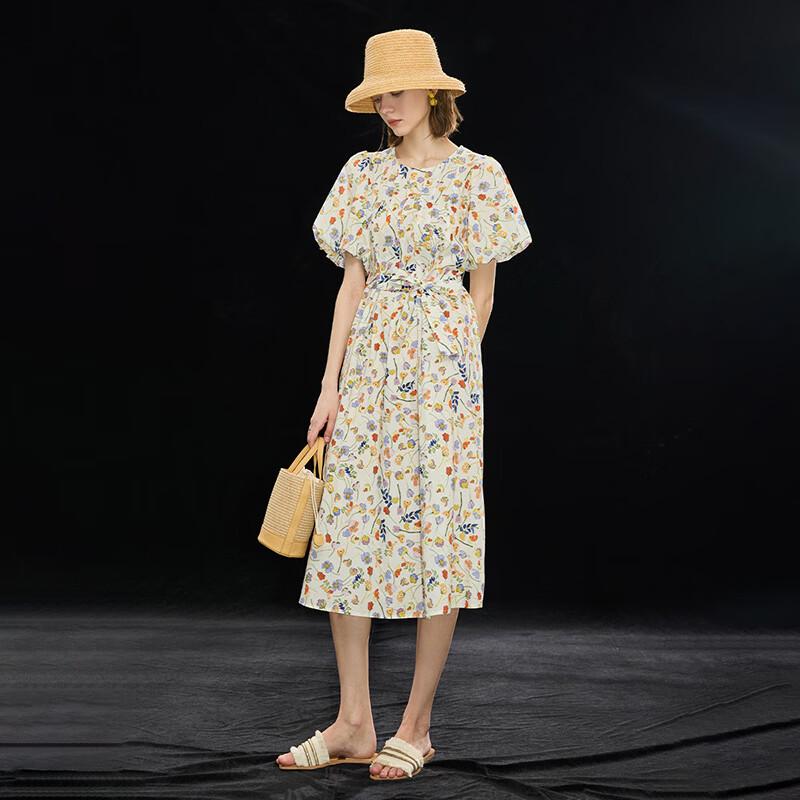 French Holiday Print Waist-Cinching Short Sleeve Dress