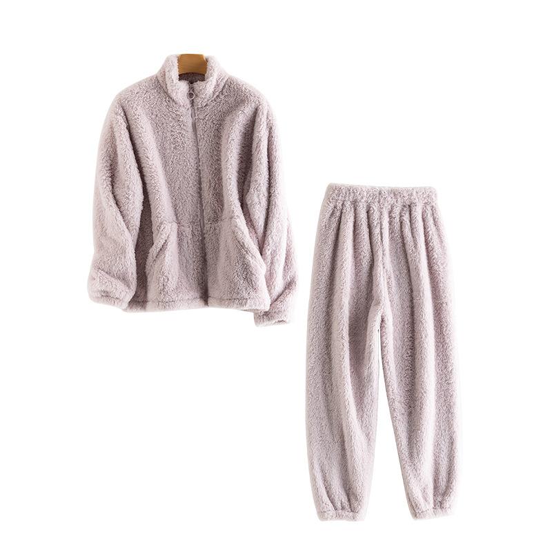 Autumn and Winter Home Wear Women Zipper Cardigan Can Wear Warm Velvet Pajamas Double-sided Velvet Warm Set Thick Plush Home