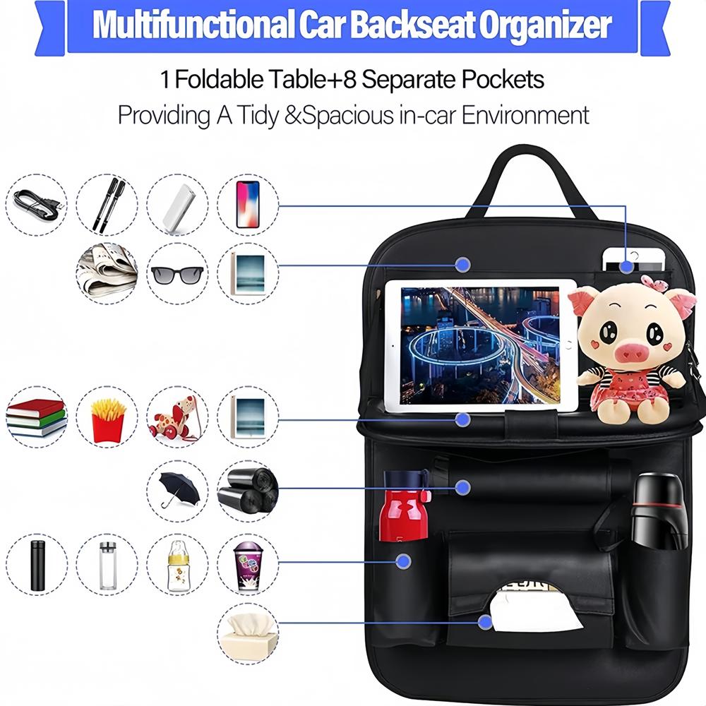 Car Seat Back Organizer PU Leather Foldable Table Tray with Storage Pockets And Kick Mats - Vehicle Interior Accessories