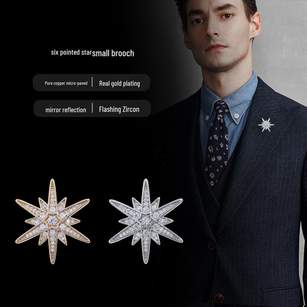 Luxury Six-Pointed Star Brooch for Men, Micro-Paved Zirconia Lapel Pin, Premium High-End Accessory