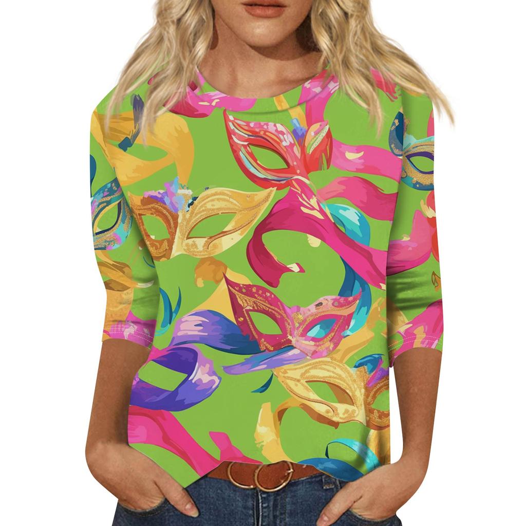 Women's Fashionable Casual Three-Quarter Sleeve Carnival Print  Neck Top
