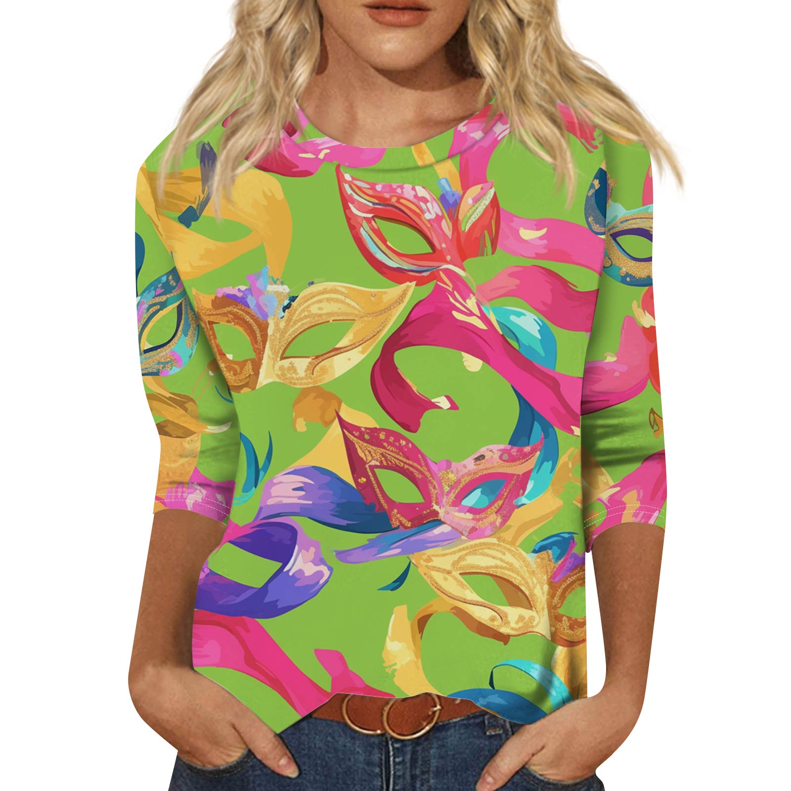 

Женский модный повседневный топ с рукавом три четверти и карнавальным принтом на горловине L