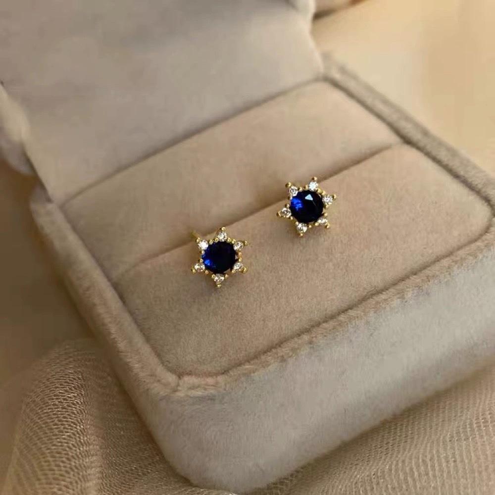 S925 Sterling Silver Plated Blue Pointed Crystal Inlaid Zirconium Stud Earrings for Women Simple and Stylish Personality Graceful Earrings