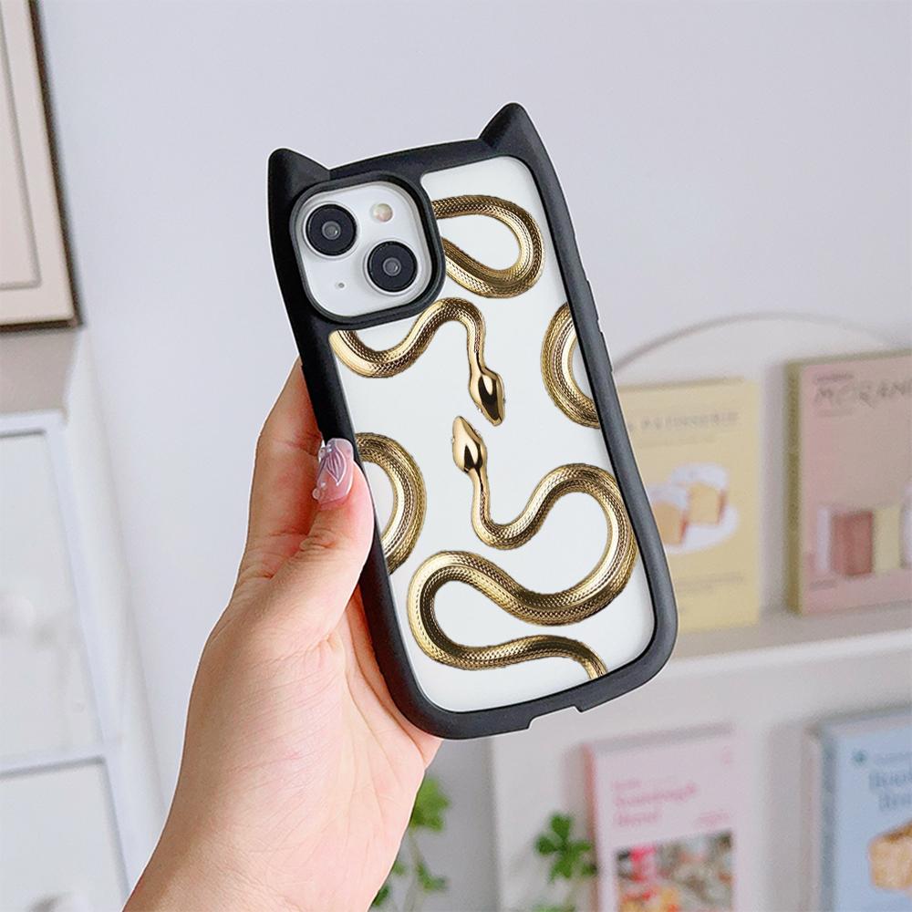 Cat Ear Soft Phone Case for iPhone 16 15 14 13 12 11 Pro Max Plus XR X TPU Anti-Drop Transparent Acrylic Back Cover NY25 Black Gold Snake design