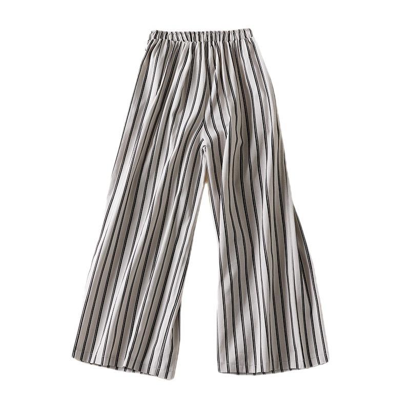 Real summer new literary loose linen striped wide-leg pants women's elastic waist lace-up large-size casual pants