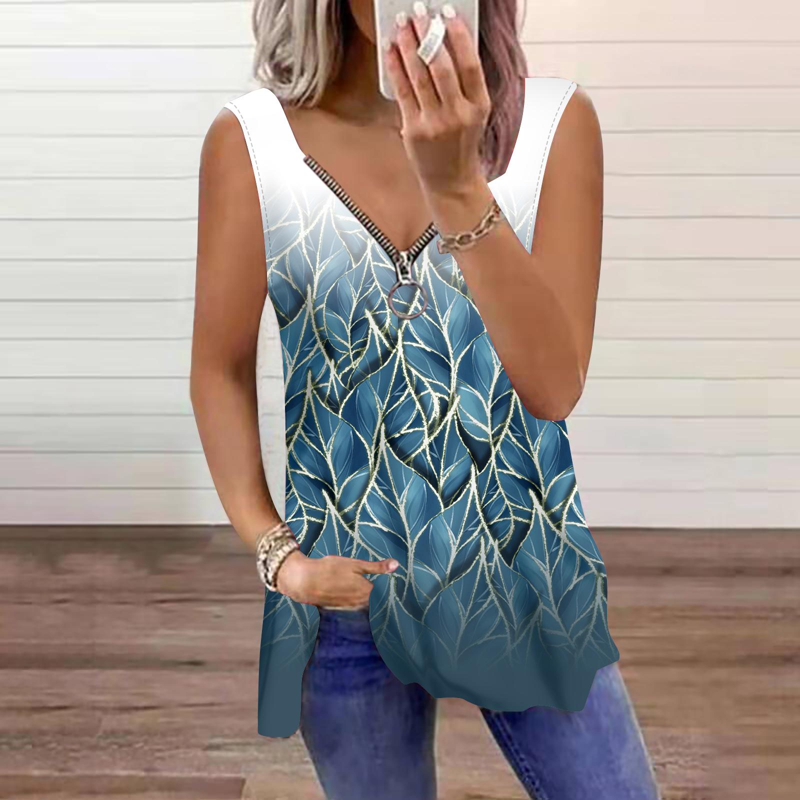 

Женский топ, летний, с золотистым краем, с принтом листьев, повседневный, большого размера, без рукавов, на молнии, с V-образным вырезом, майка 6XL тёмно-синий