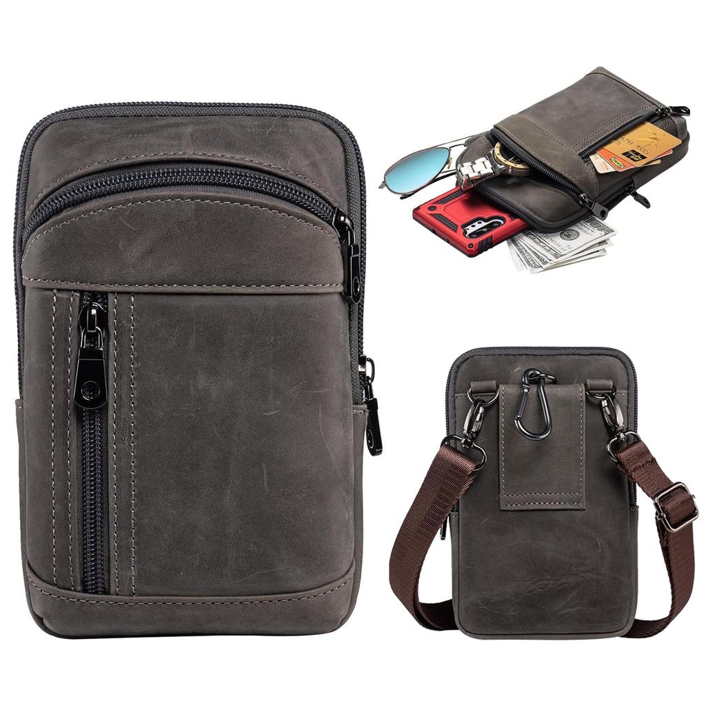 HUAZHIMAO Genuine Leather Smartphone Case with Belt Waist Holds Two Small Shoulder Lightweight Smartphone Pouch for Smartphone Belt Compatible with