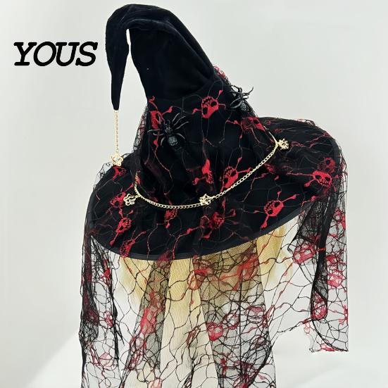 Decorative Seasonal Accessories Punk Skeleton Hand Witch Hat with Spider And Veil, Black Large Reusable Holiday Ornaments Wizard Costume Accessory for