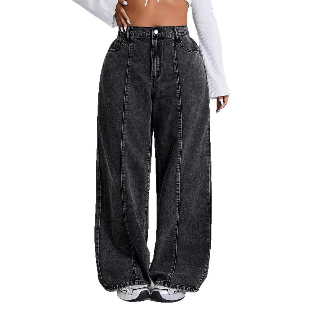 2026 European Plus Size Distressed Cropped High-Waisted Wide-Leg Baggy Jeans