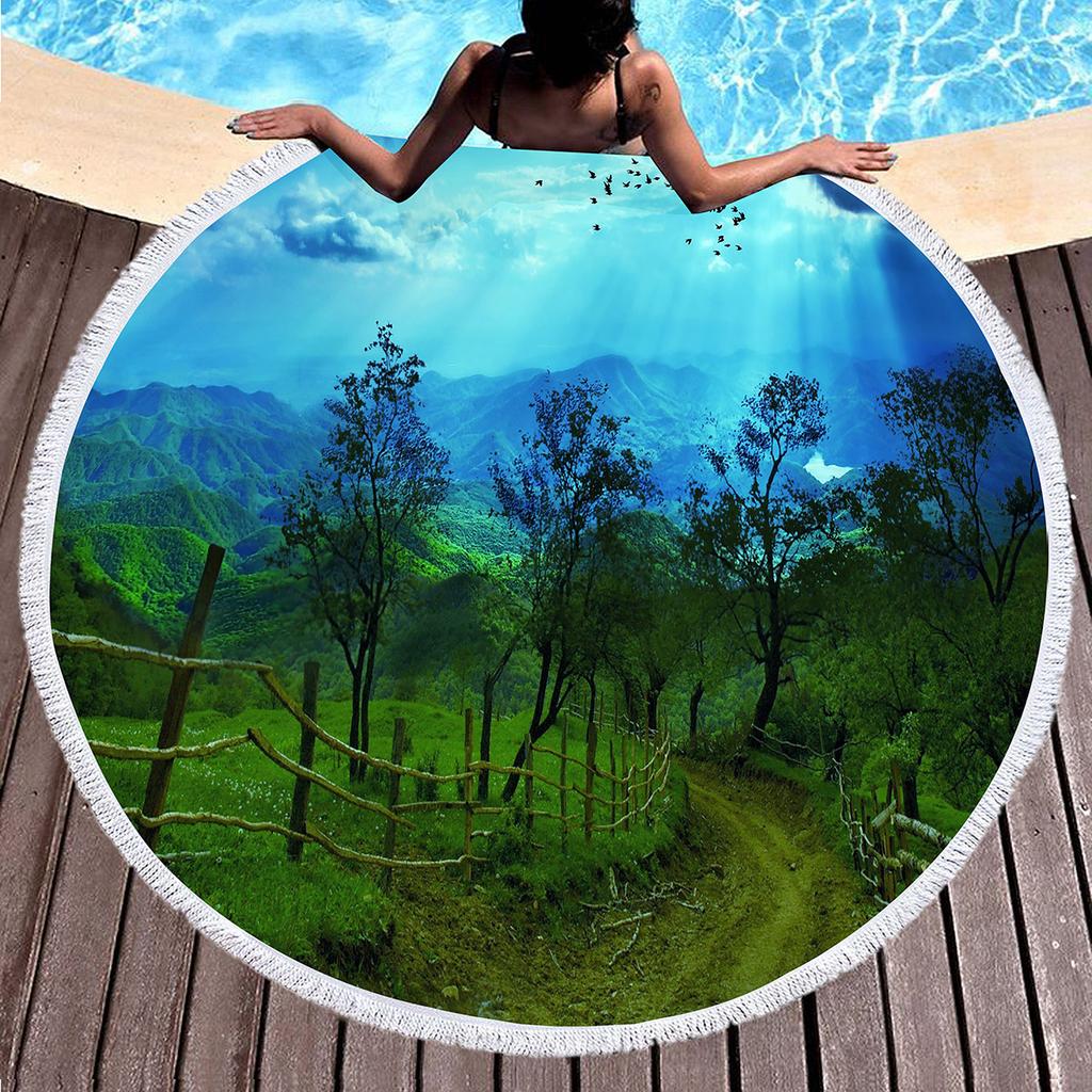 Pretty Country Scenery Print Round Beach Blanket,Polyester Sand Resistant Beach Towel,Absorbent Quick Dry Pool Towel Picnic Mat