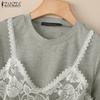 ZANZEA Women Lace Patchwork Casual Round Neck Short Sleeve T-Shirt