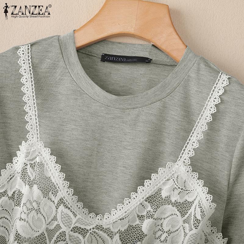 ZANZEA Women Lace Patchwork Casual Round Neck Short Sleeve T-Shirt