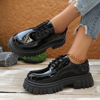Fashion Fashion Black Platform Loafers for Women 2025 Autumn Thick Sole Patent Leather Dress Shoes Woman Non Slip Lace Up Oxfords Shoes