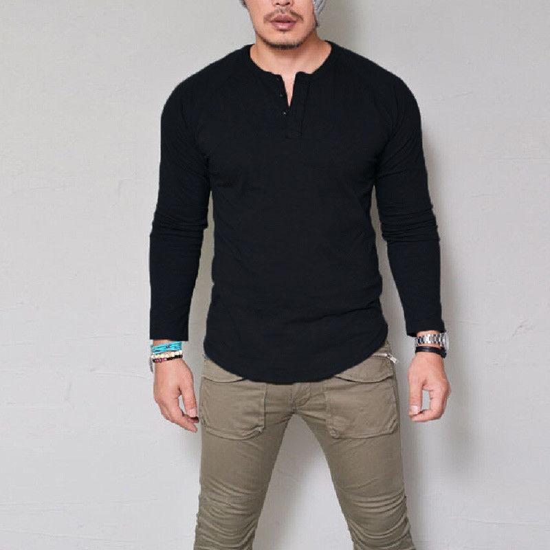 Mens Long Sleeve Henley T Shirt Solid Color Slim Fit Casual