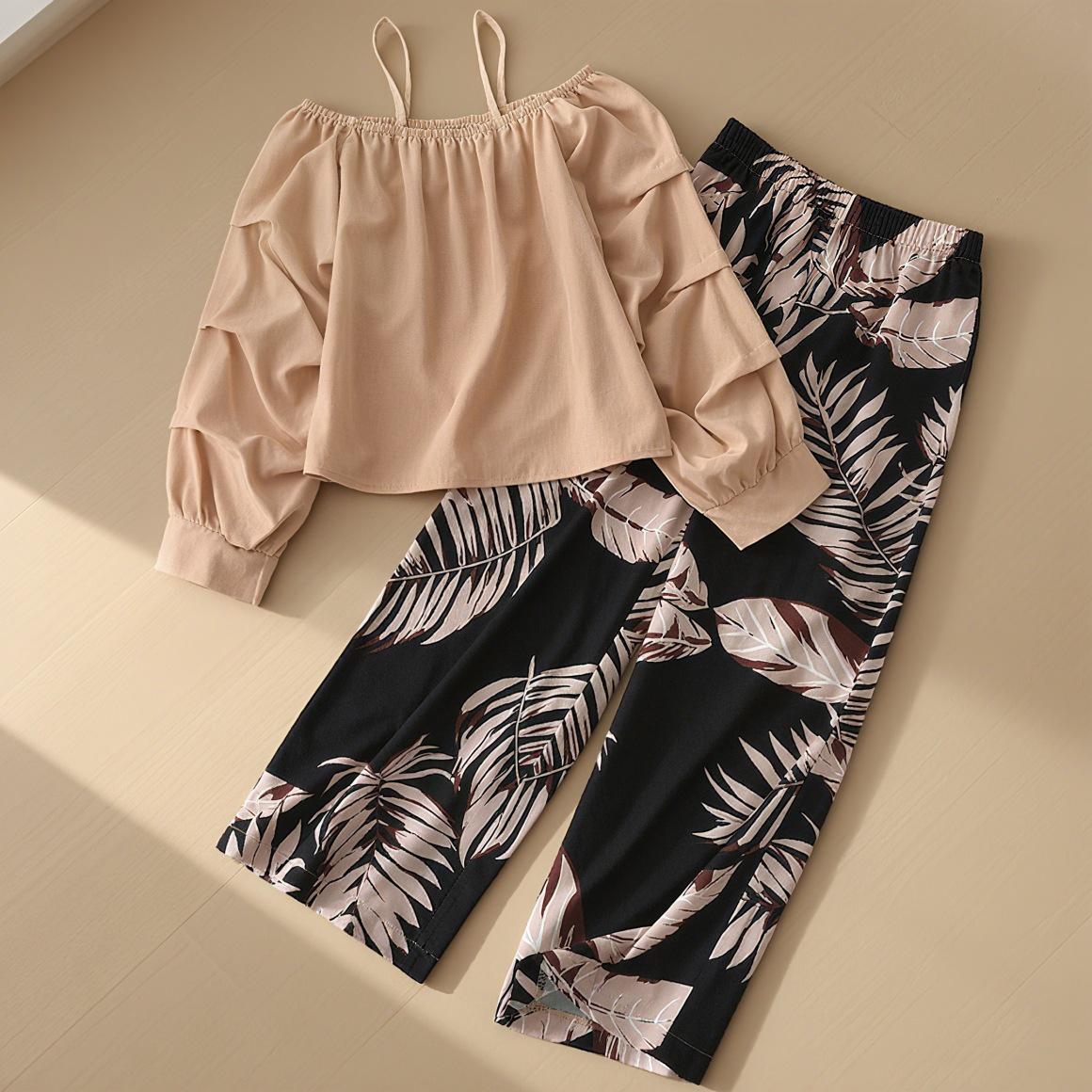 

Autumn Off-Shoulder Leaf Print Two-Piece Set for Girls: Long-Sleeve Camisole & Pants 9Y хакі