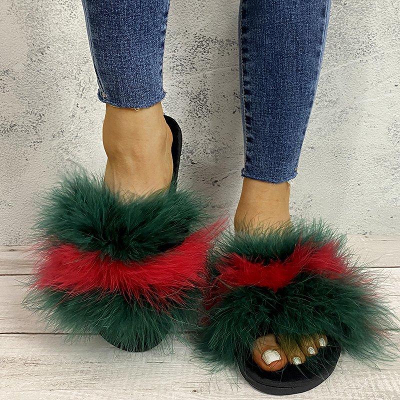 Fashion Fashion Colorful Flat Heels Soft Fur Slides Plus Size 43 Sexy Patchwork Long Plush Slippers Women Women Slip On Outdoor Slippers