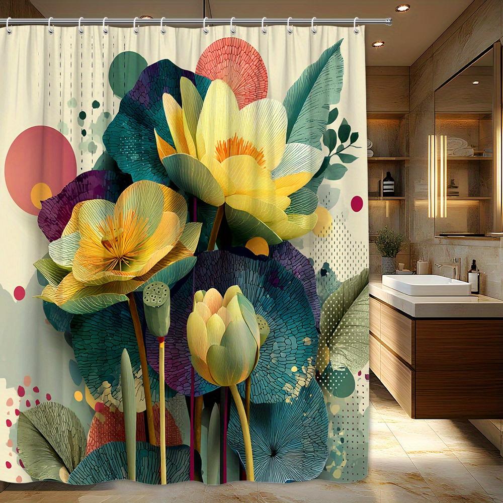 

1 Piece Modern Botanical Art Shower Curtain - Yellow And Orange For Lotus And Teal Leaves, Machine Washable Polyester Fabric W60H190(CM)-1 Pcs