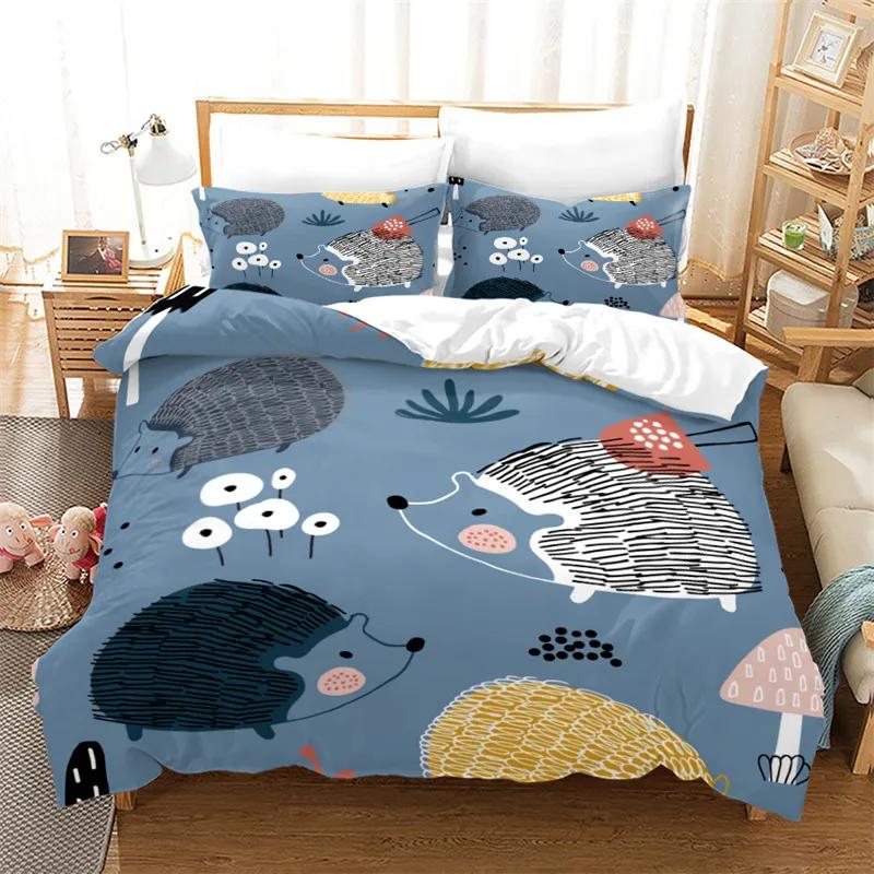 Hedgehog Bedding Set Cute Kawaii Wildlife Comforter Cover With Pillowcases For Boys Girl Polyester Bedding Set King Size