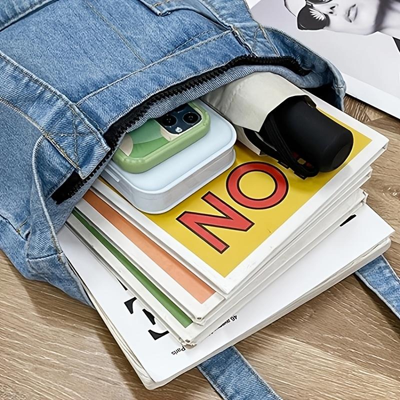 Denim Canvas Tote Bag for Women Casual Korean Style Shoulder Bag with Pockets Durable Hand Washable Daily Commute Accessory