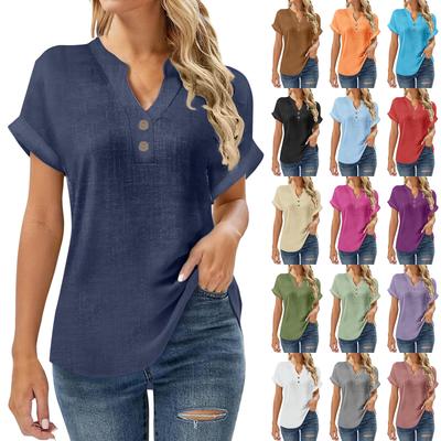Women's Fashion Casual Button-Front Split-Front Short-Sleeved Plain T-Shirt Top