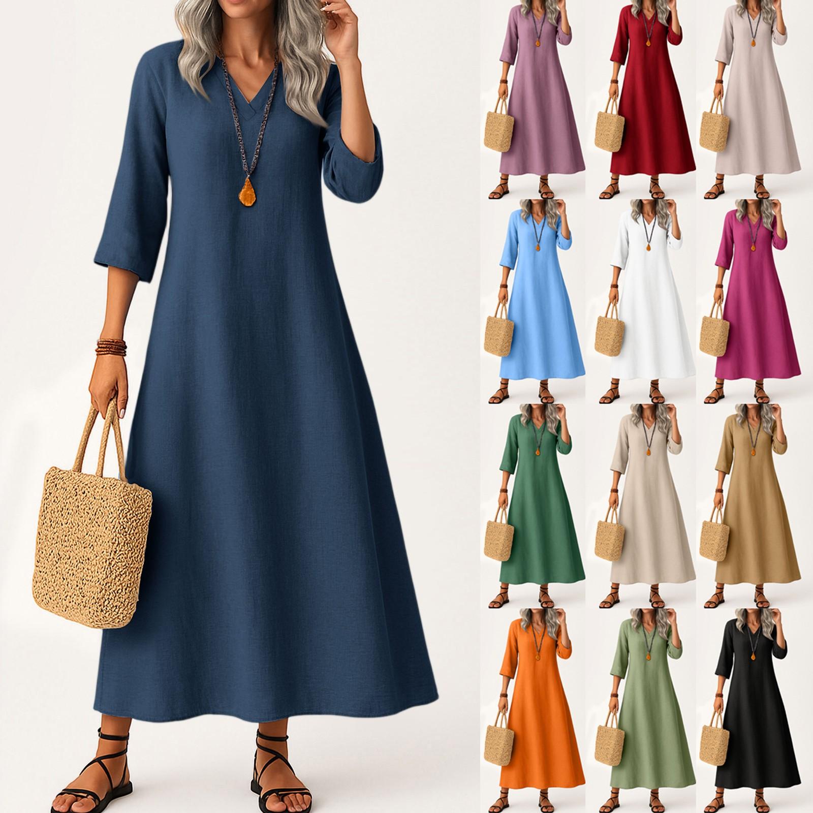 

Dress For Women Long Boho Beach Dress Elegant Maxi Dress V-Neck 3/4 Sleeve Dress With Pockets XL білий