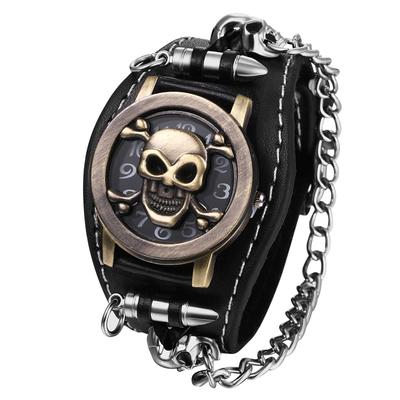 Gothic Skull Watch with and Chain Rock Punk Leather Waterproof Analog Quartz Watch Perfect Gift for and Halloween Men's Bracelet Skull, Bullet,