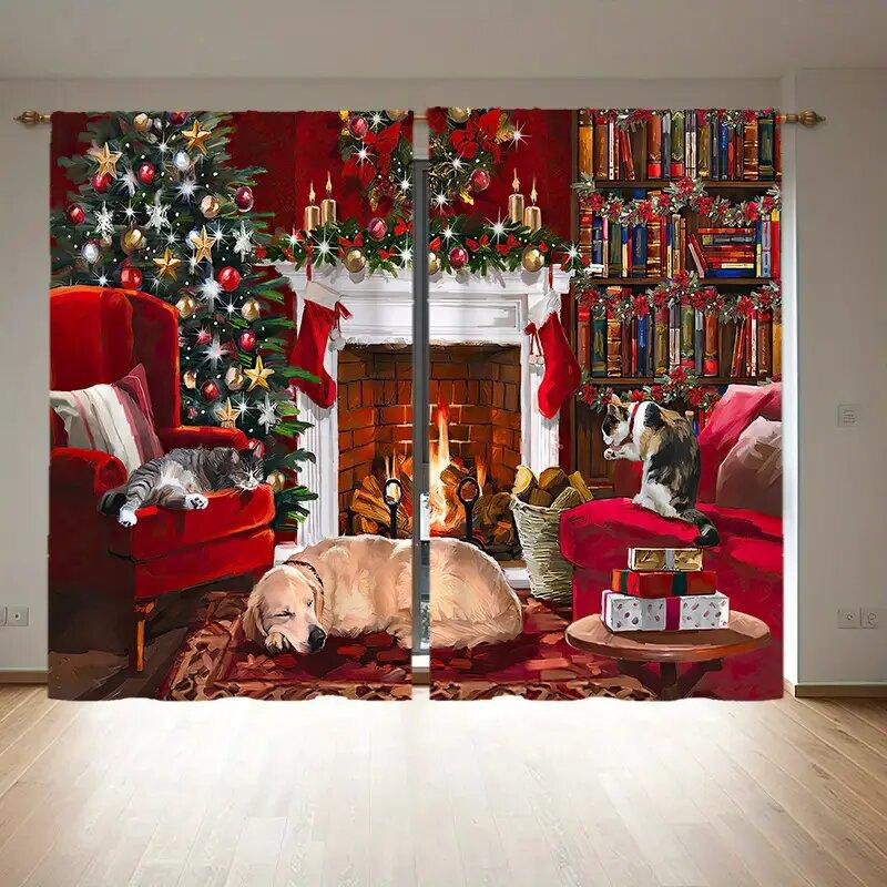 

Set Of 2 Winter Snowflake Santa Claus Patterned Curtains Christmas Home Decoration Room Curtain Made Polyester W100*H70(CM)-Hooks&1PCS