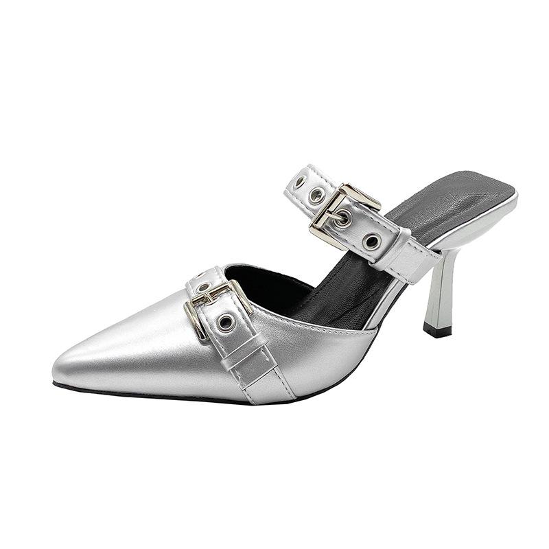 

модні тапочки на великому каблуці для жінок Модні тапочки з леопардовим візерунком і пряжкою на тонкому каблуці Баотоу Круті тапочки Жіноче взуття 42 срібний