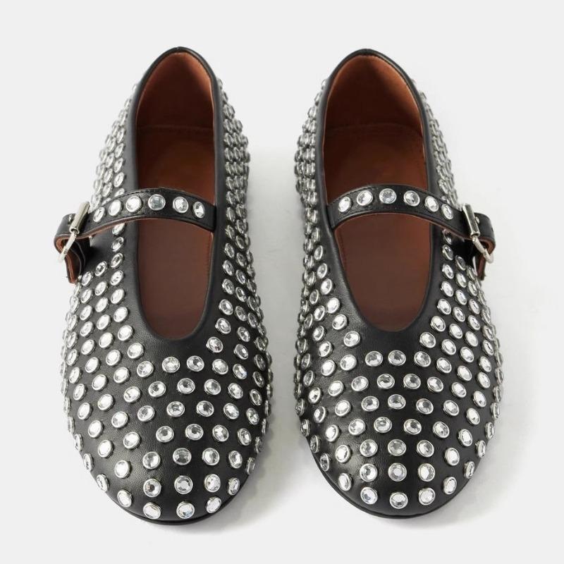 Grote Strass Klinknagel Enkelschoenen voor Dames met Gesp Ronde Neus Platte Ballerina's