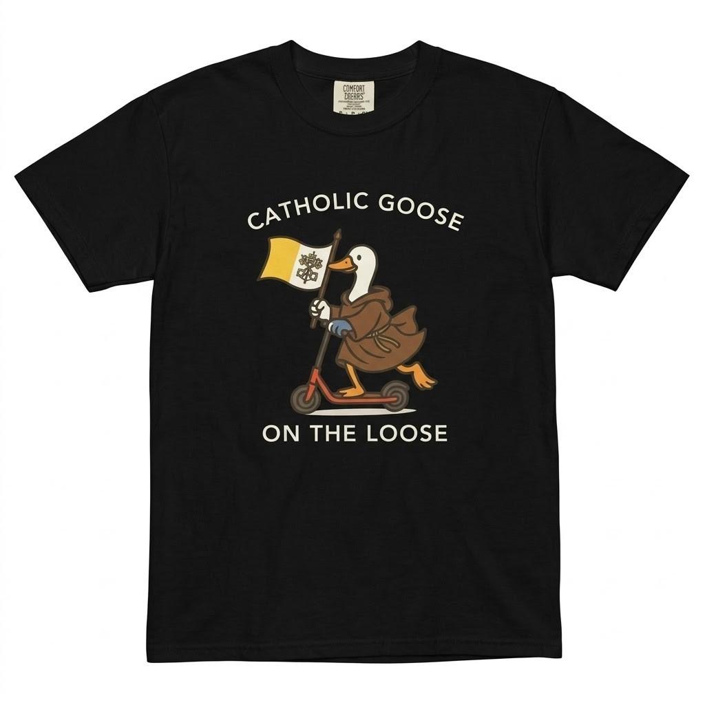 Catholic Goose On The Loose T-Shirt Funny Religious Humor Monk Vatican Flag Tee S
