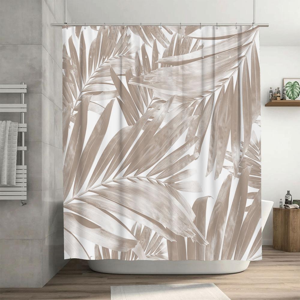 Vintage Palm Leaf Bath Curtain Shower Decoration Waterproof Fabric Decorative Window Panel Beige Tone