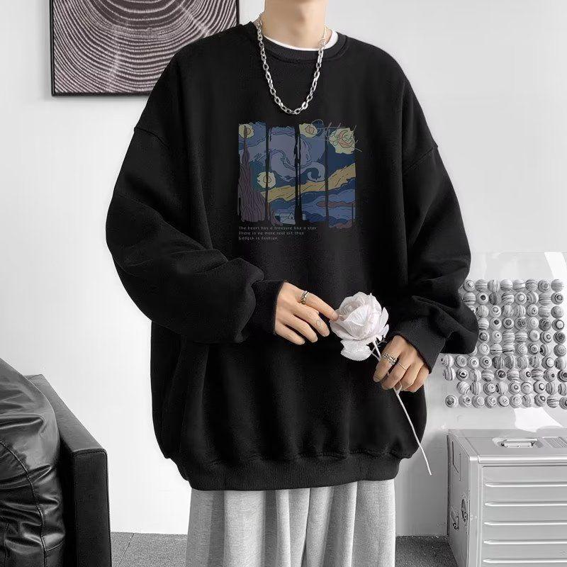 

Hong Kong Style Heavyweight Round Neck Sweatshirt for Men and Women – Trendy, Versatile, Casual, Loose Long Sleeve for Autumn and Winter Thin Style Black