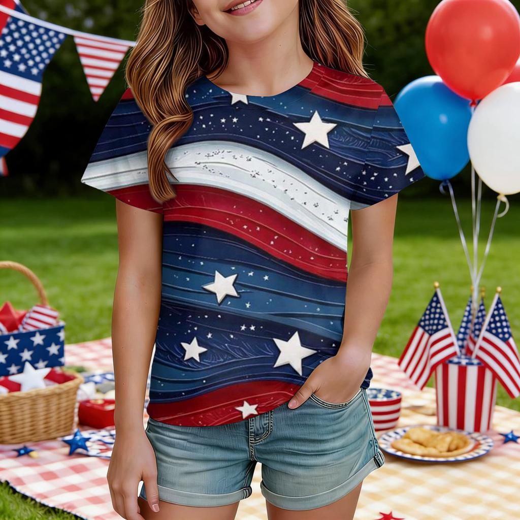 Kids Independence Day Print Round Neck Short Sleeve Casual T-shirt