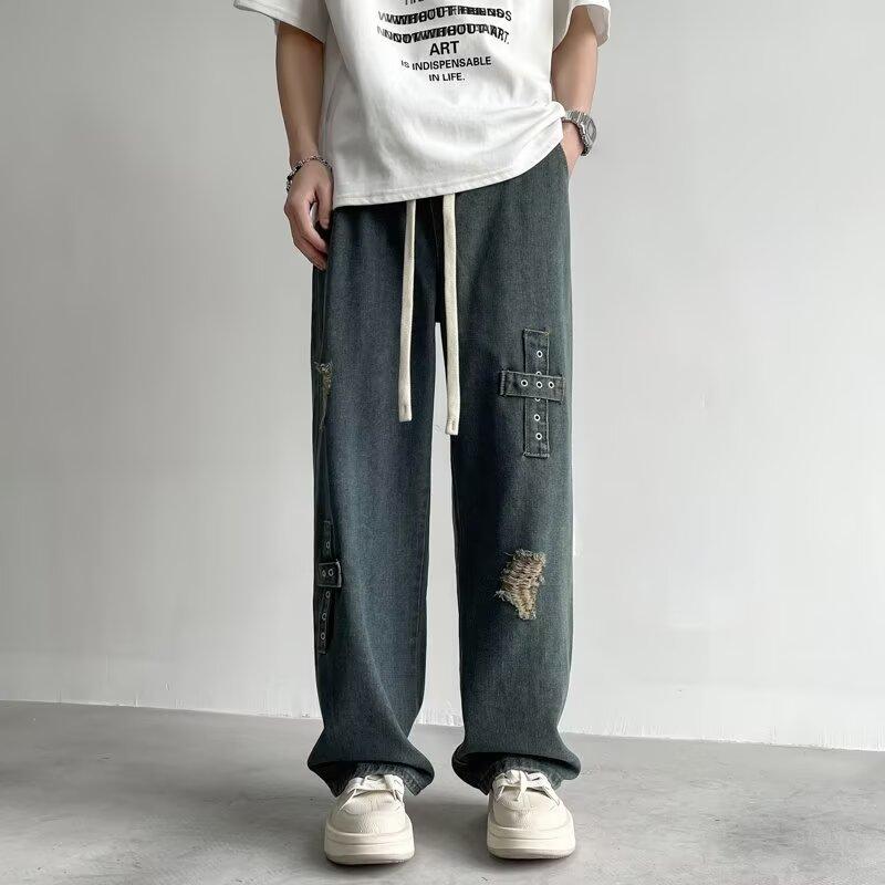 

Джинсовые брюки High Street для мужчин, ретро-состаренные, свободные прямые брюки, спортивные брюки с широкими штанинами, модные 3XL синий