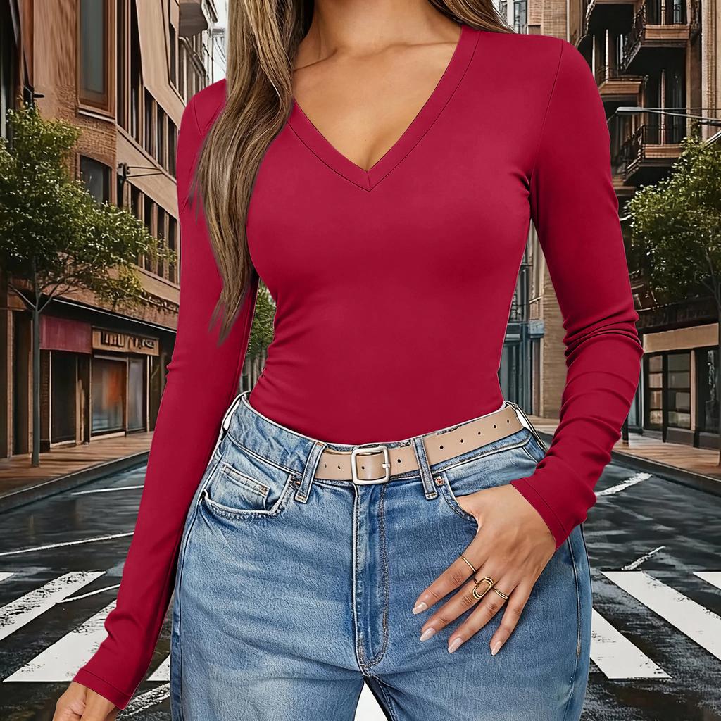 Women's Color V,Neck Slim,Fit Long,Sleeve Top